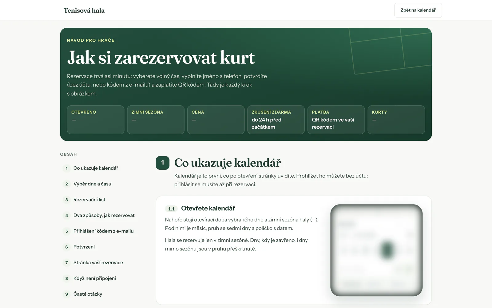 A page of the player guide: a step-by-step walkthrough of booking a court, with screenshots. In Czech.