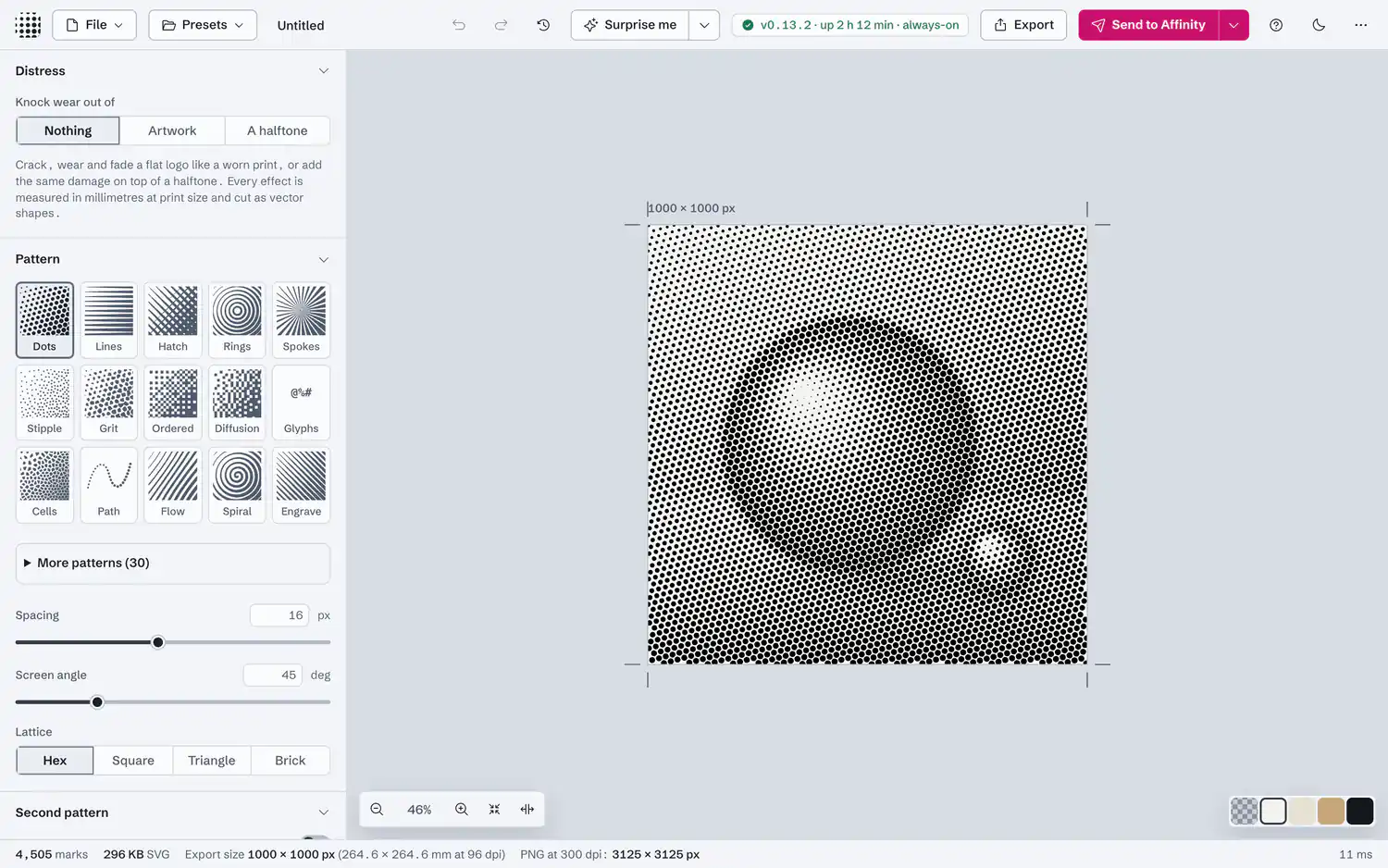 The Halftone Studio editor: an image converted to halftone dots, with controls for dot size and angle.