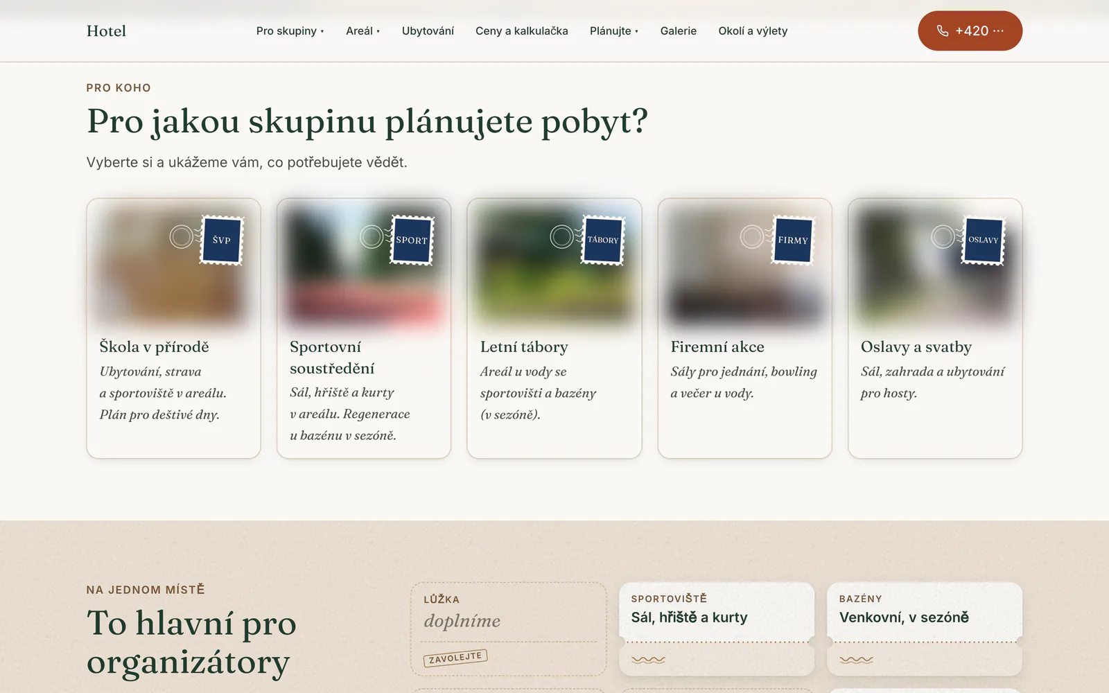 The hotel website’s page for choosing a type of group, shown on a desktop screen. In Czech.