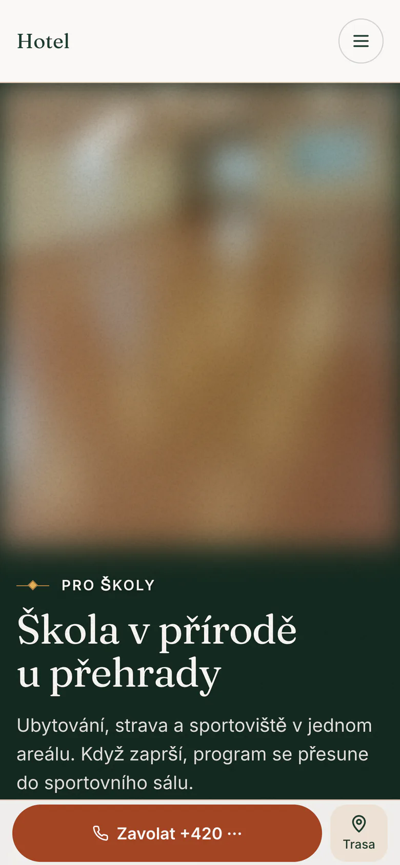 A group page of the hotel website on a phone screen, with the phone number as the main action. In Czech.