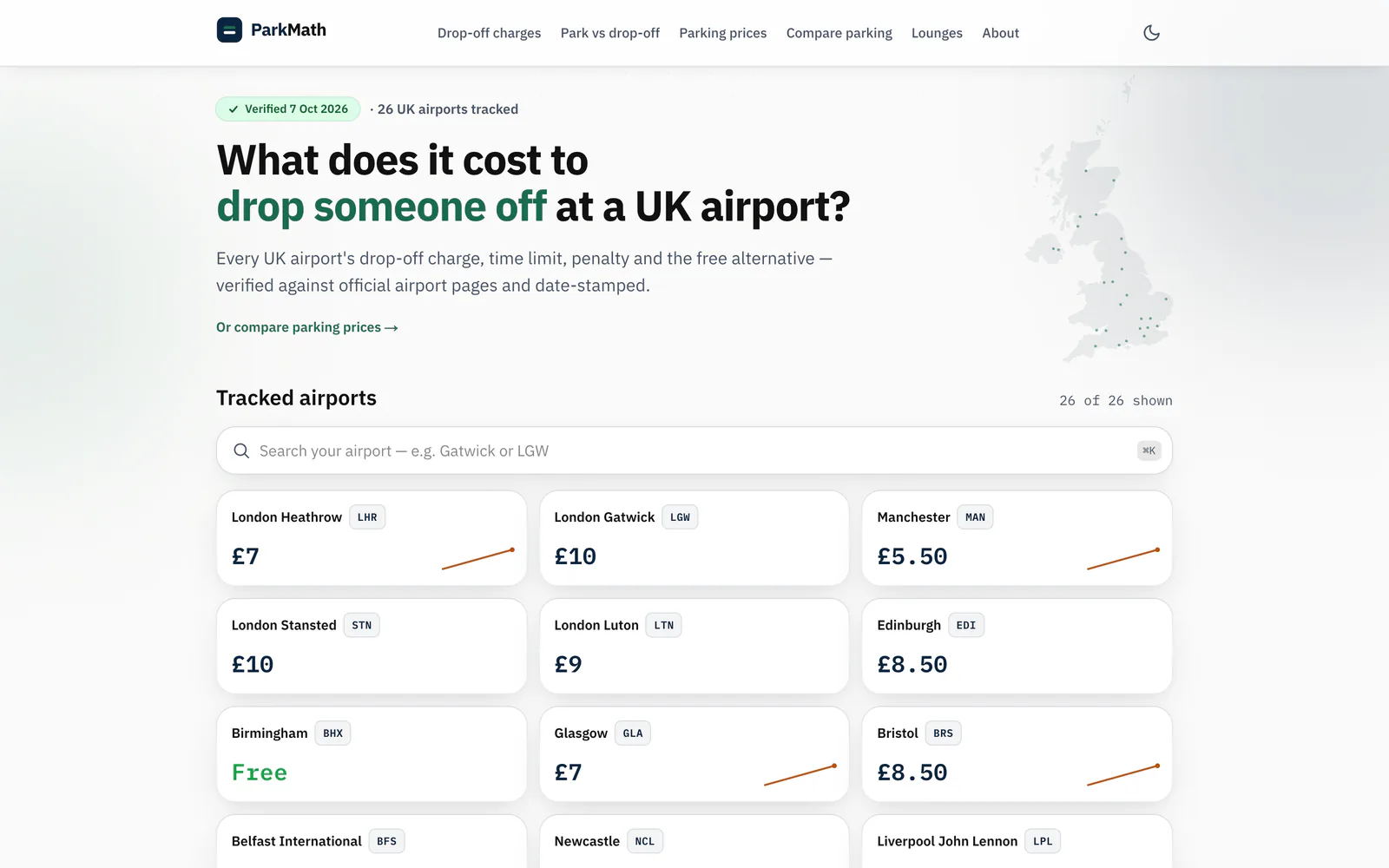 The ParkMath home page on a desktop screen, with the airport parking cost calculator.