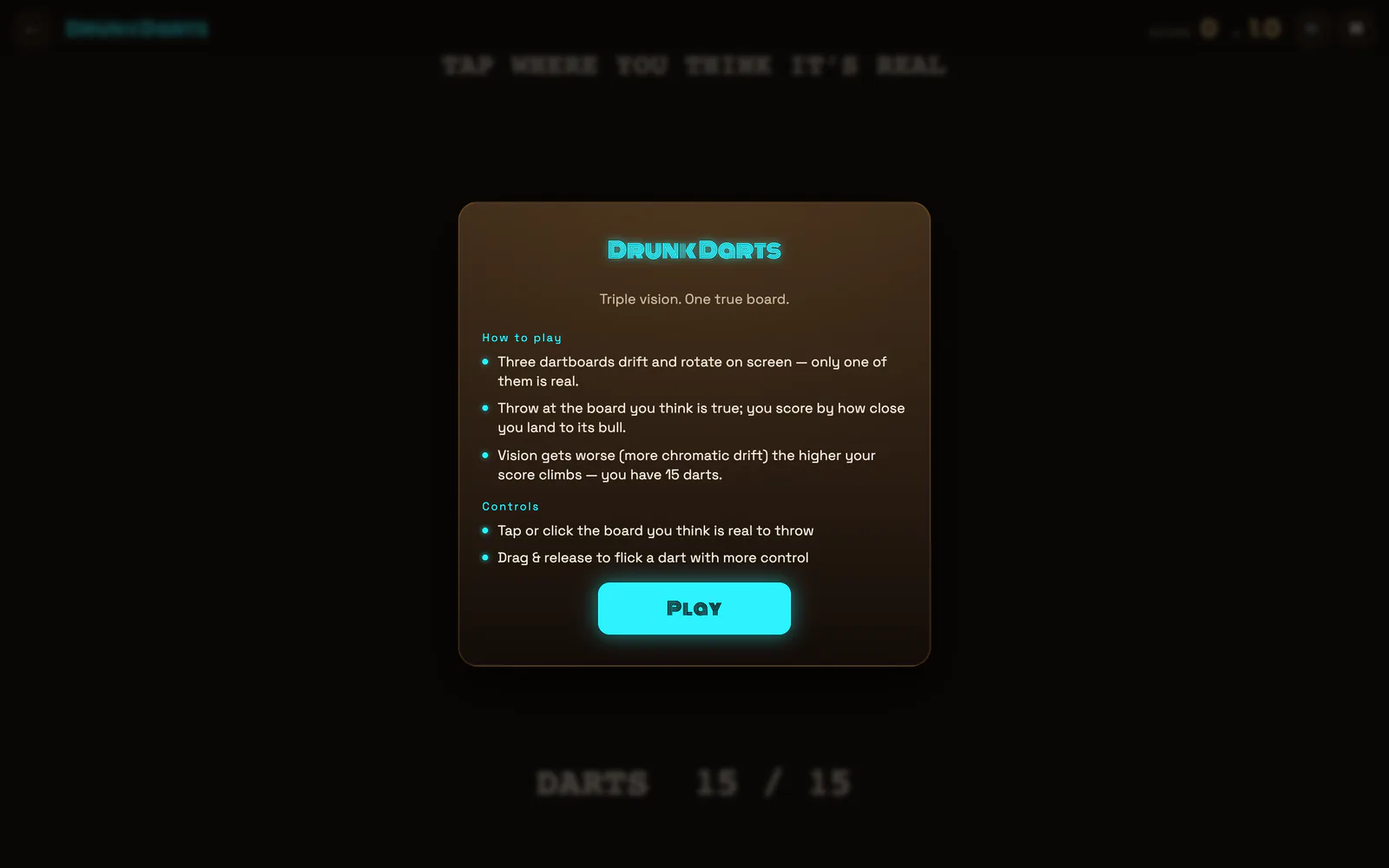 The Drunk Darts game screen on a desktop, with a dartboard seen through triple vision.