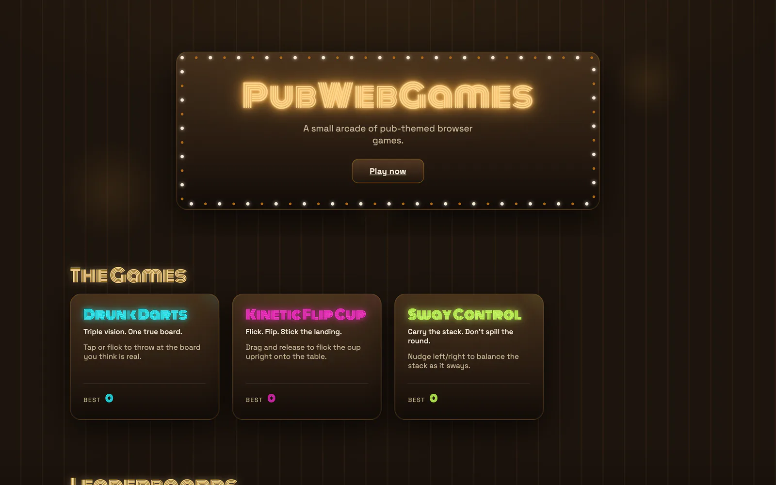 The PubWebGames hub on a desktop screen, listing the three games on a dark background.